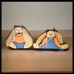 Vintage 1993 Hand-Painted Wooden Bunny Pair | Folk Art Rabbits with Fabric Ears